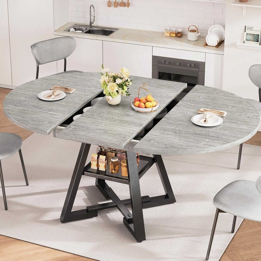 Round Dining Table Kitchen Dining Room Dinner Table 4-6 Space Saving Extendable
