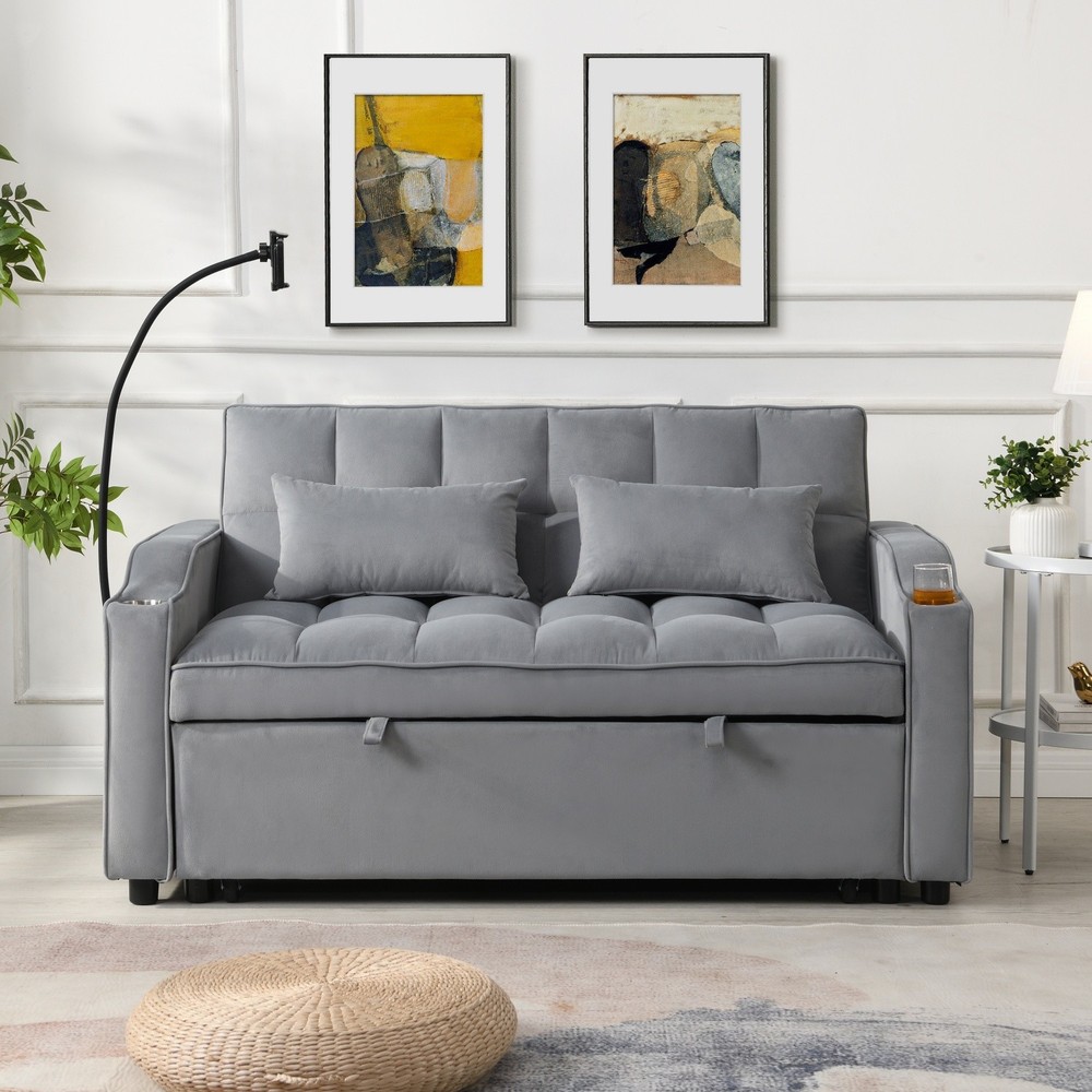 Modern Convertible Sleeper Sofa Bed Loveseat Sofa with Pull-Out Bed & USB Ports