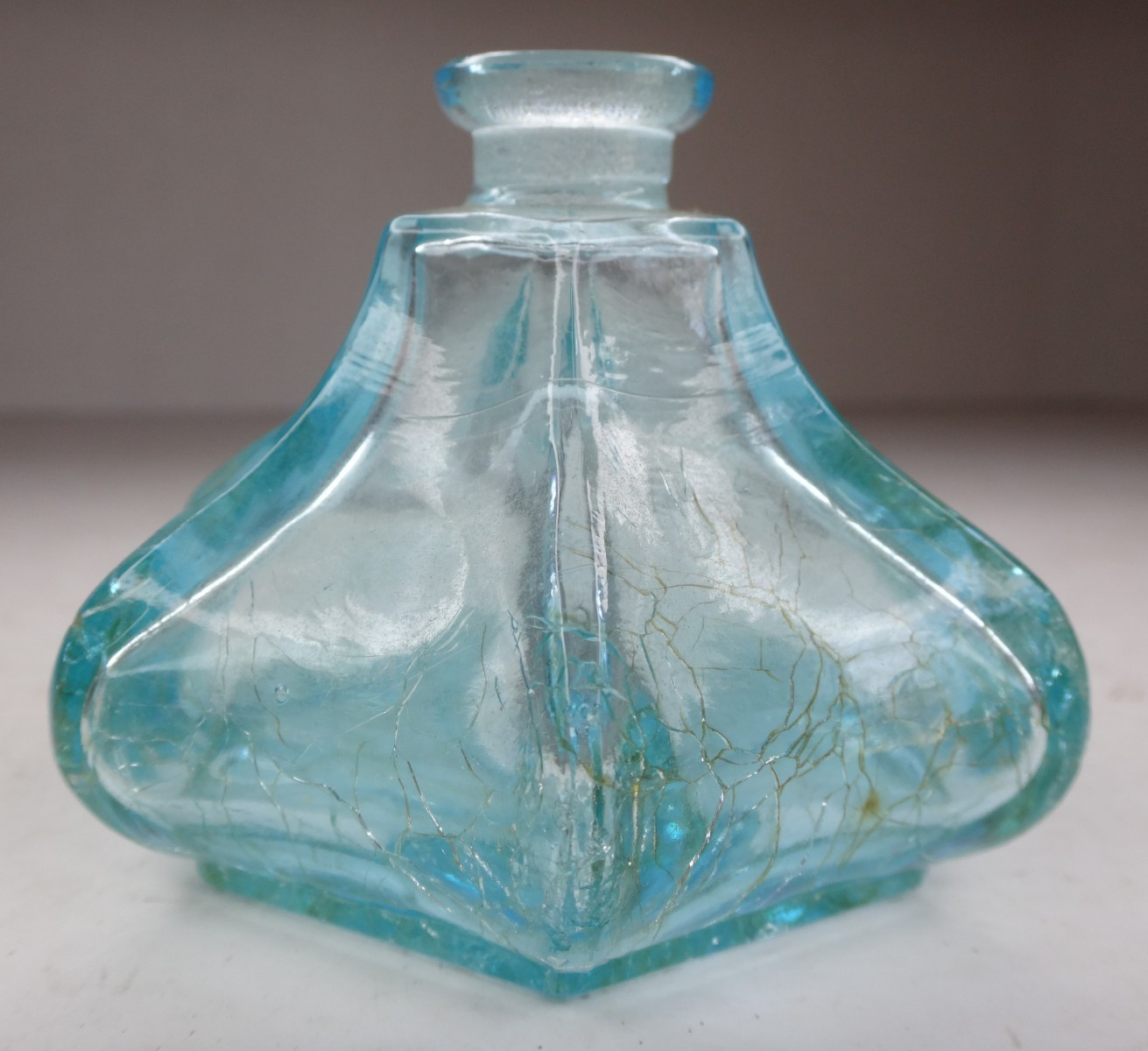 Antique Aqua Blue Green Inkwell Pressed Glass Bottle 6 Side UNUSUAL Shape
