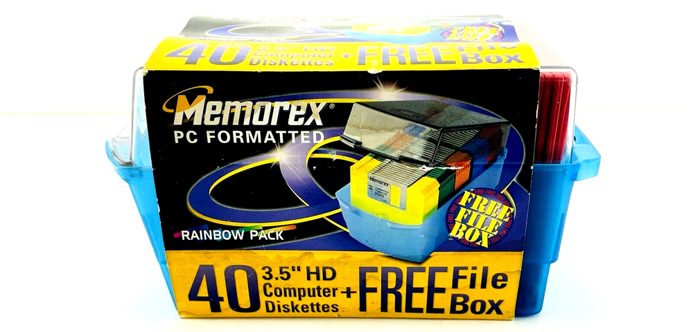 Memorex PC Formatted 3.5" HD 1.44MB Computer Diskettes Rainbow 40 Pack File Box