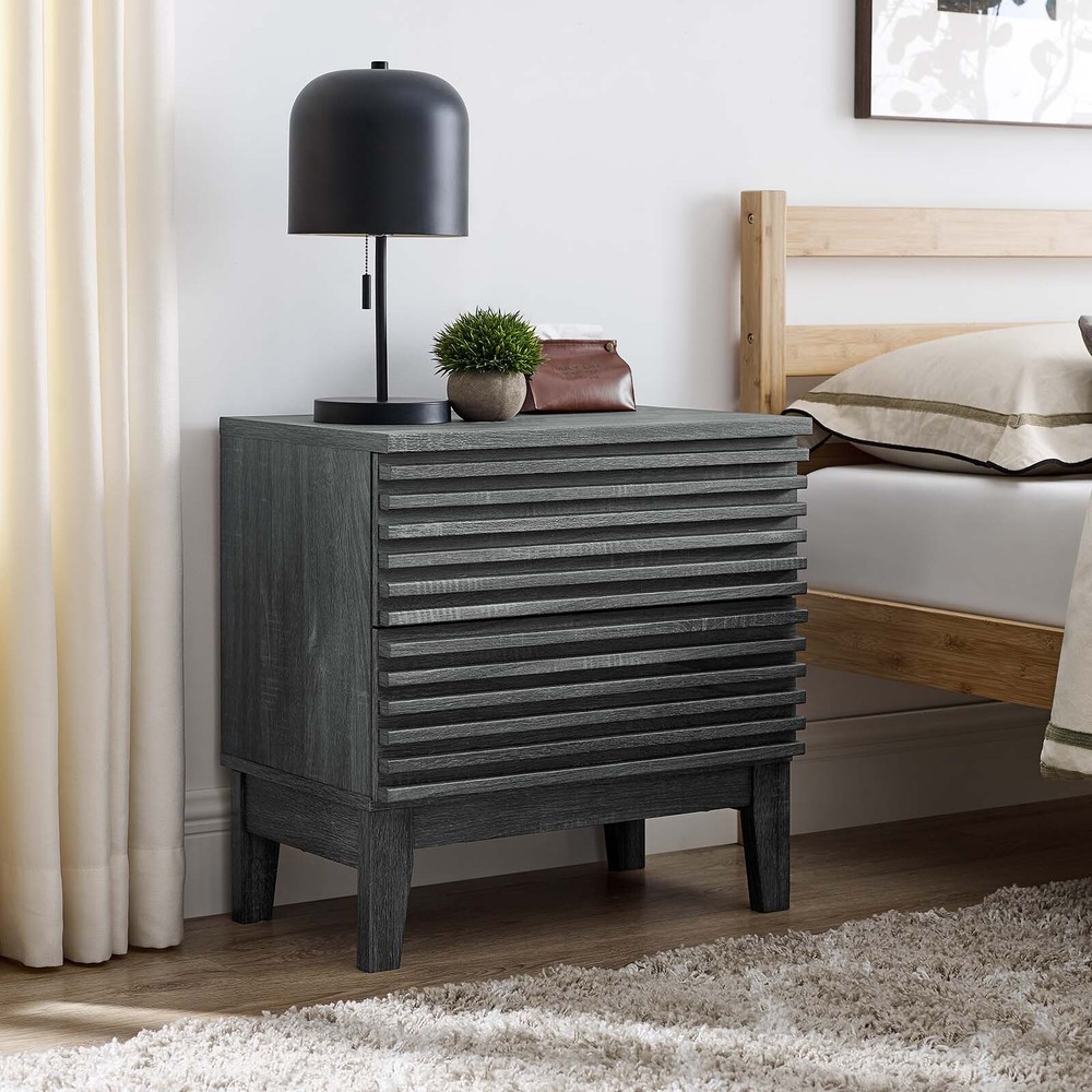 Modway Render Mid-Century Modern Two-Drawer Bedside End Table in Charcoal