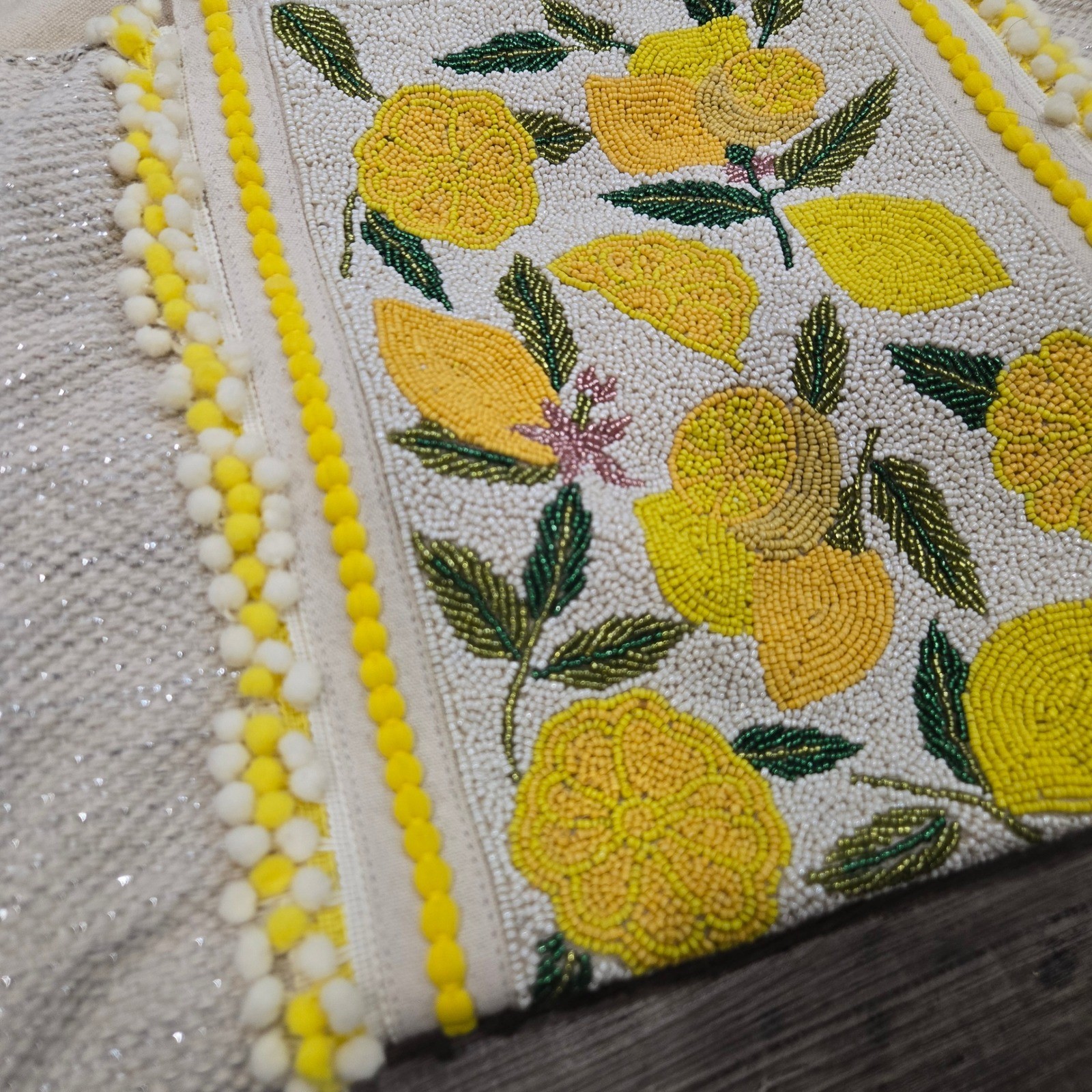America & Beyond Beaded Lemon Tote Bag Silver Lurex Pom Pom Trim Yellow Lining