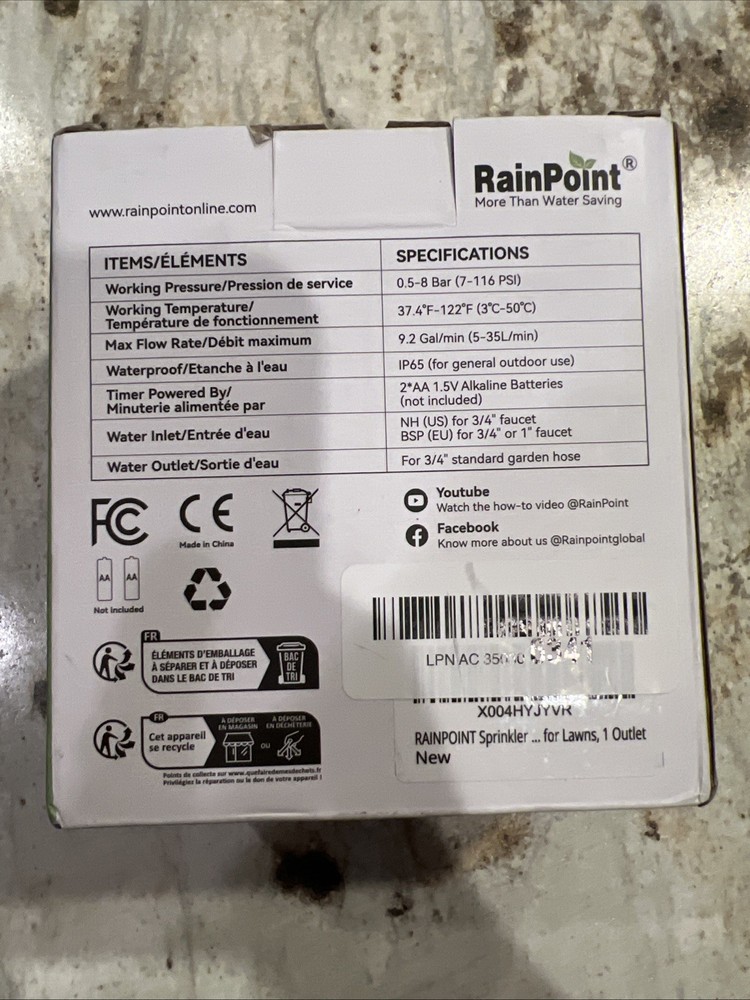 NEW RainPoint Programmable 1 Zone Water Timer - Model Number ITV105