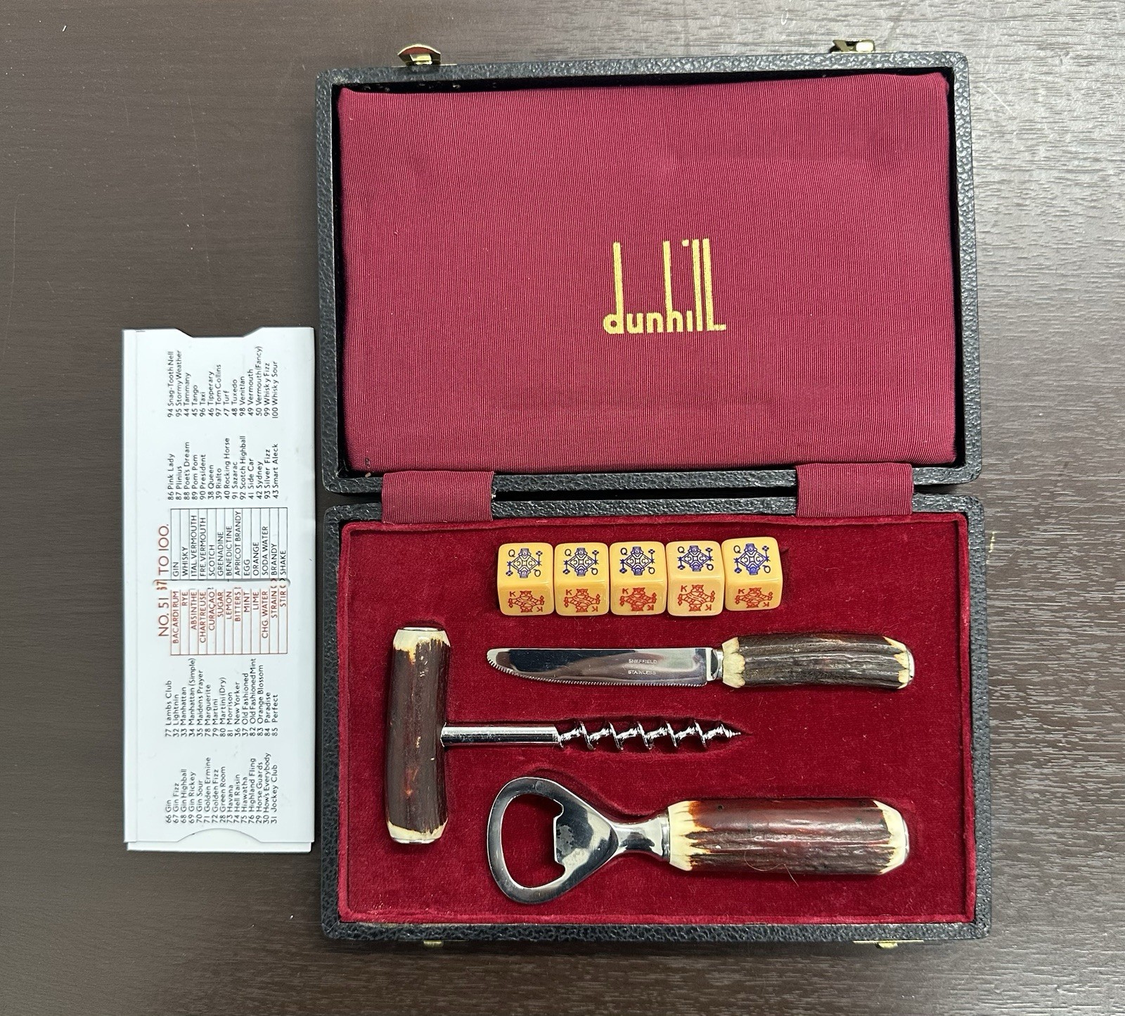 Gentleman’s Bar Set in Dunhill Case – Dice & Sheffield England Stainless Tools