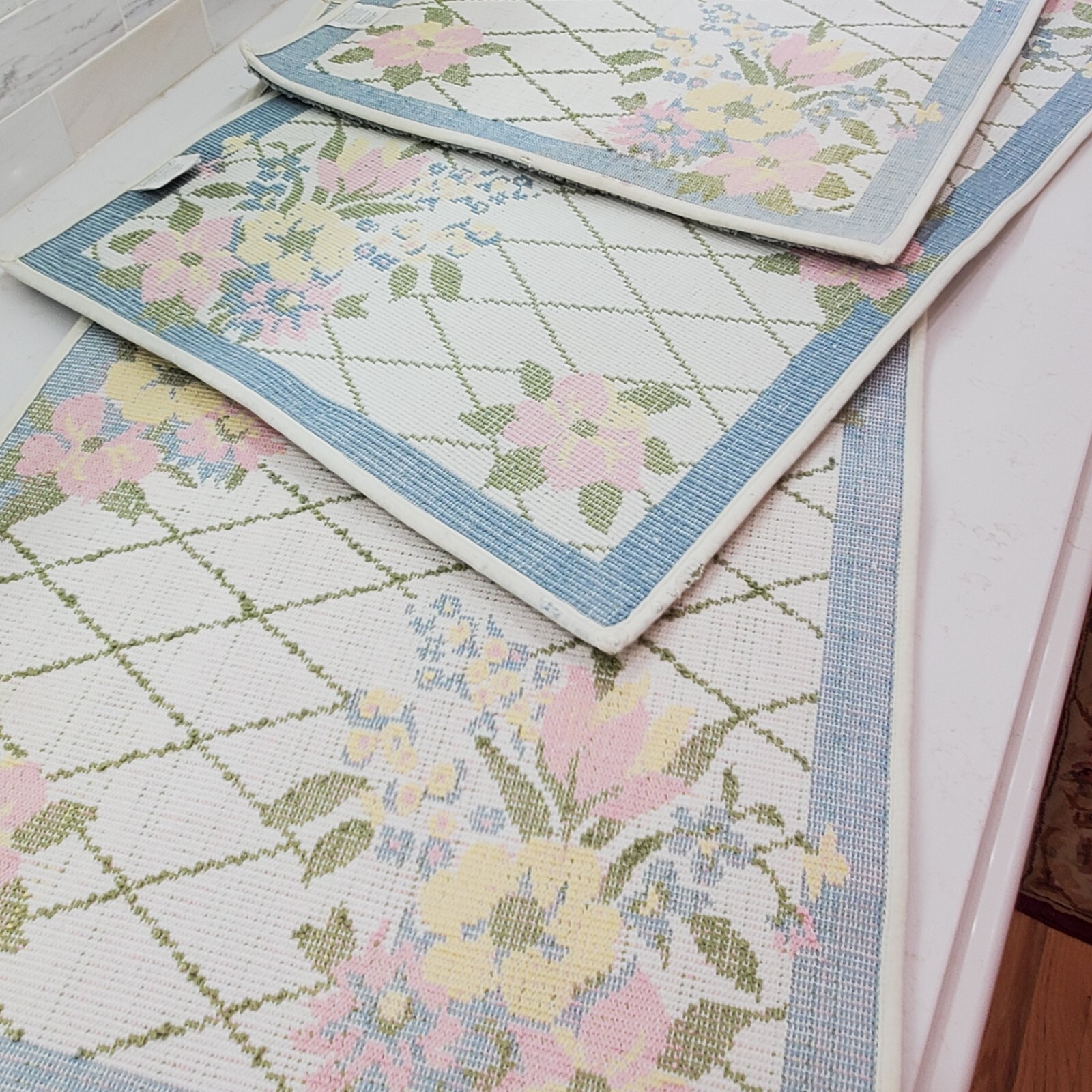 Longaberger Bath Mat Rug Pastel Trellis Pattern Blue Pink Cream White 18.5"x31"