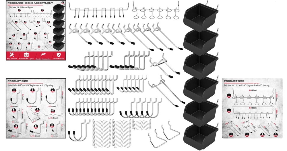 Efficient 121-Piece Pegboard Kit - Rust-Resistant Hooks & Boxes for Any Space