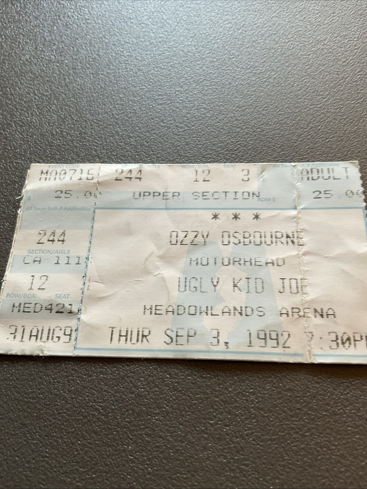 OZZY OSBOURNE *BACKSTAGE PASS +TICKET STUB*motorhead 9/3/92