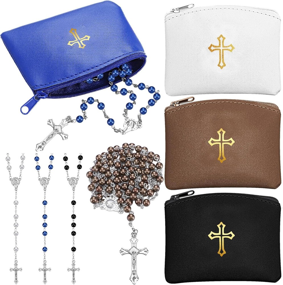 8 Pcs Rosary Pouch with Catholic Rosary Beads Necklace Set for Women Leather Hol