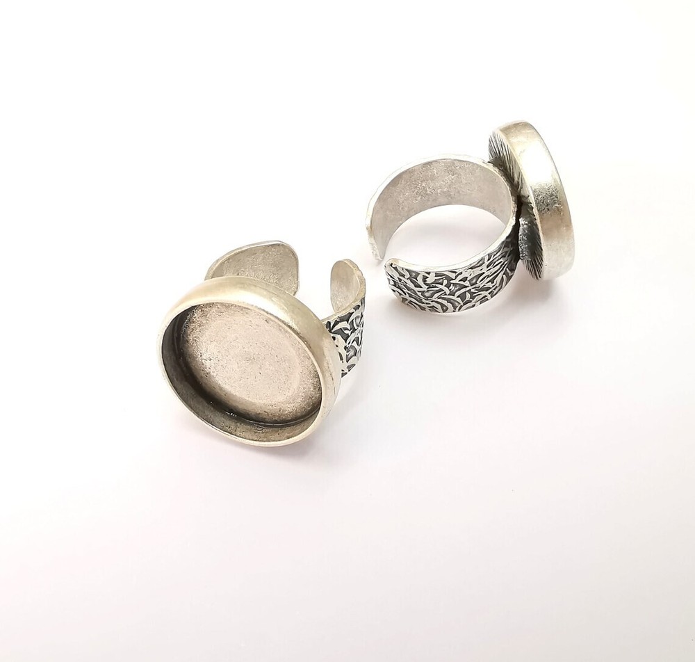 Round Antique Silver Ring Blank Setting, Cabochon Mounting Adjustable Resin Ring