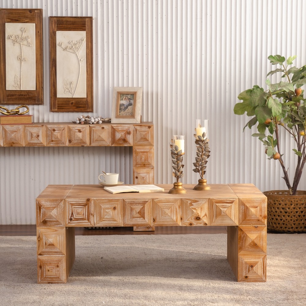 Rustic 3D Carved Geometric Relief Coffee Table, Solid Wood