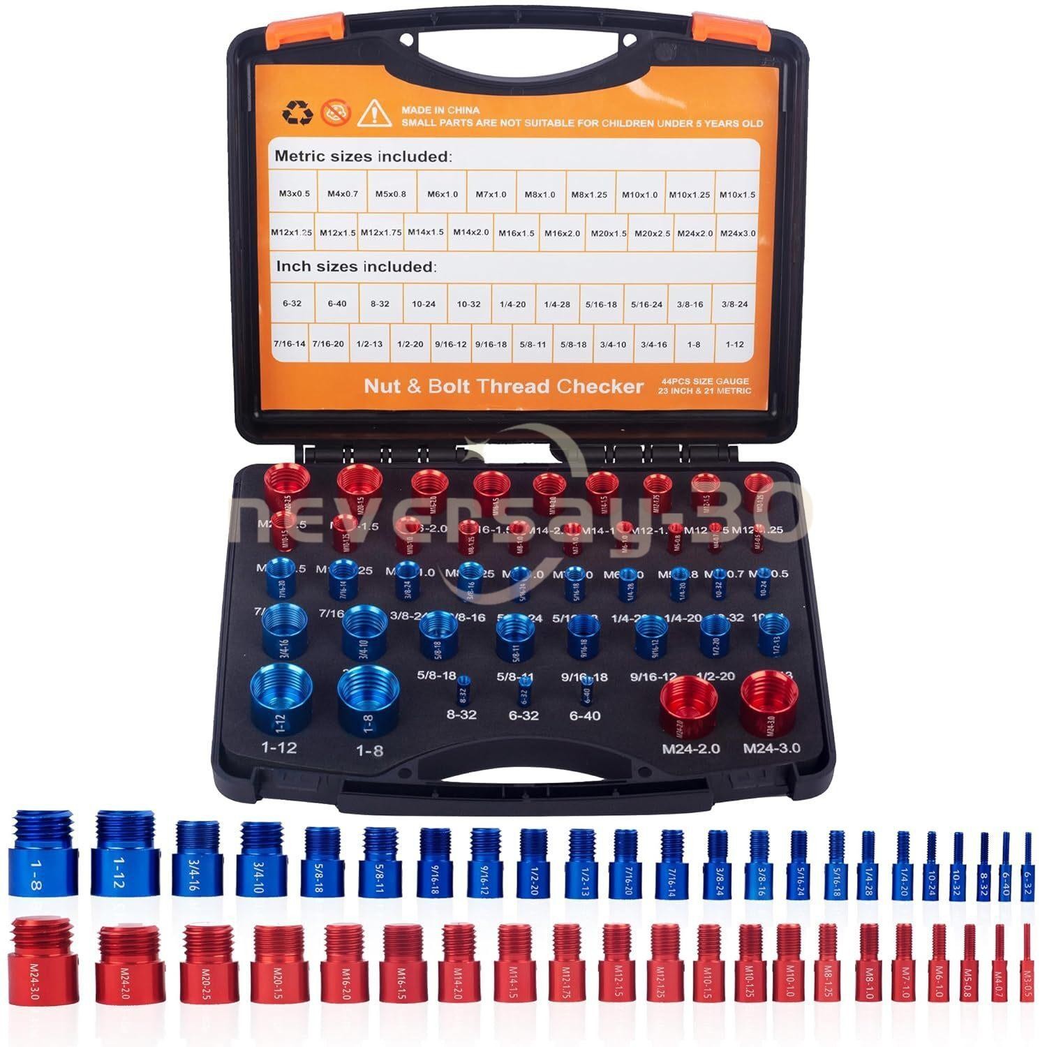 44pcs Screw Bolt Nut Thread Measure Gauge Size Checker Set (23 Inch & 21 Metric)