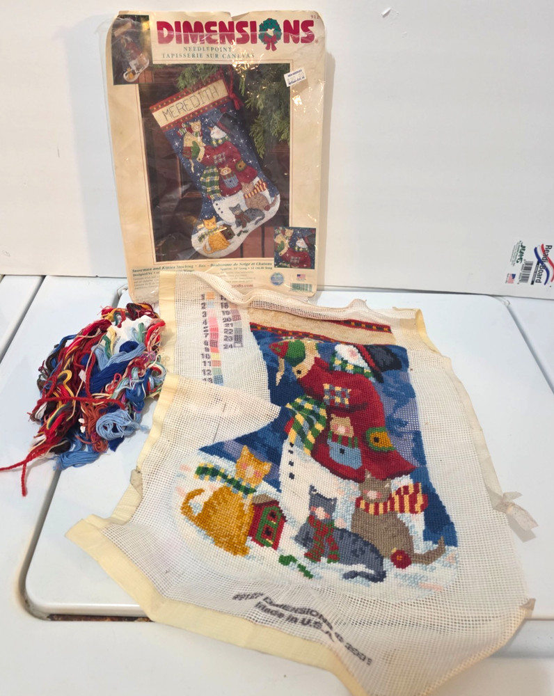 Christmas Dimensions Needlepoint Stocking SNOWMAN & KITTIES Winget Started Kit