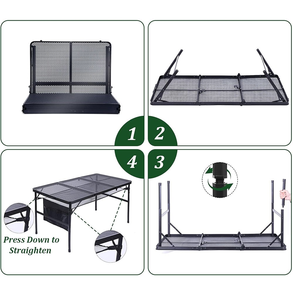 4FT 3-Fold Camping Table with Mesh Desktop Adjustable Height BBQ Grill Table