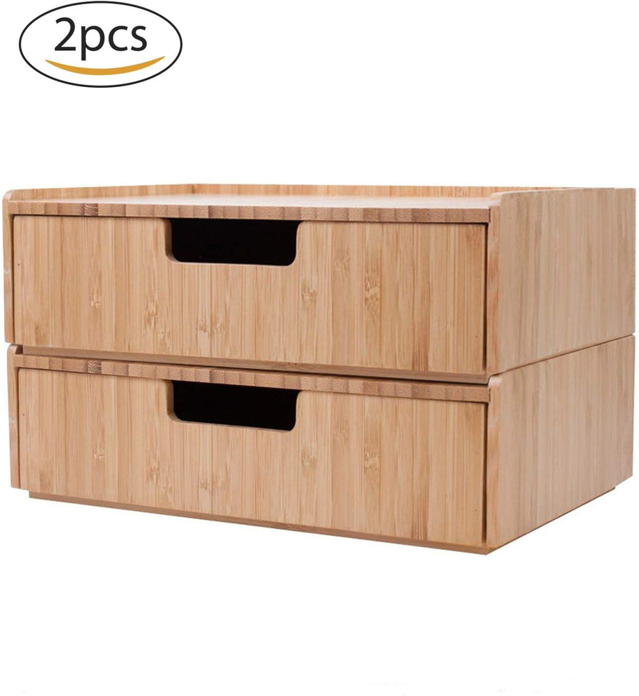 Bamboo Drawer 2 Pack Combo Set Stackable Storage Solution for Office Supplies, B