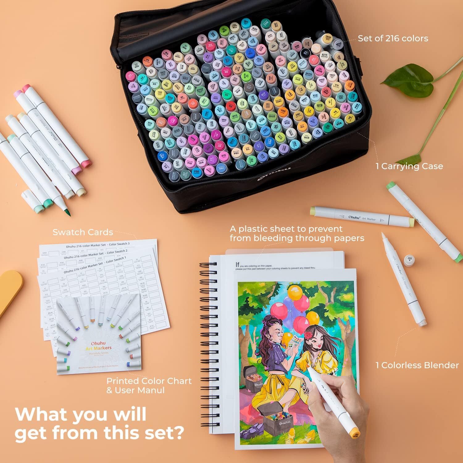 Ohuhu Alcohol Markers 216-color Double Tipped Brush & Chisel- Refillable Markers