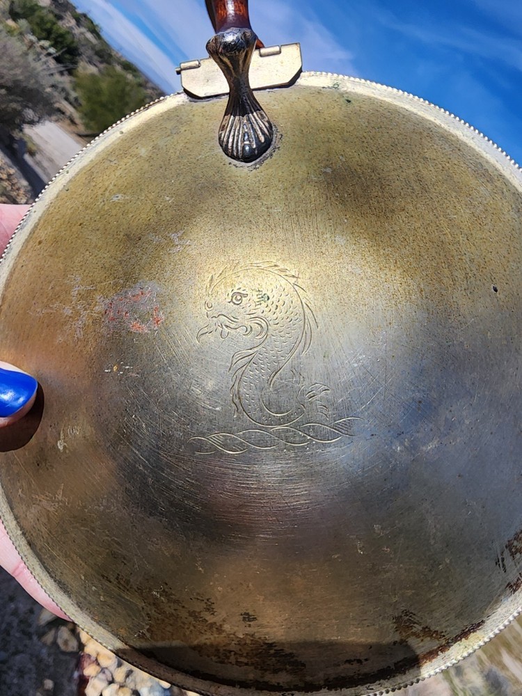 Vintage Silver on Copper Bed Warmer Silent Butler Crumb Catch WoodHandle Serpent