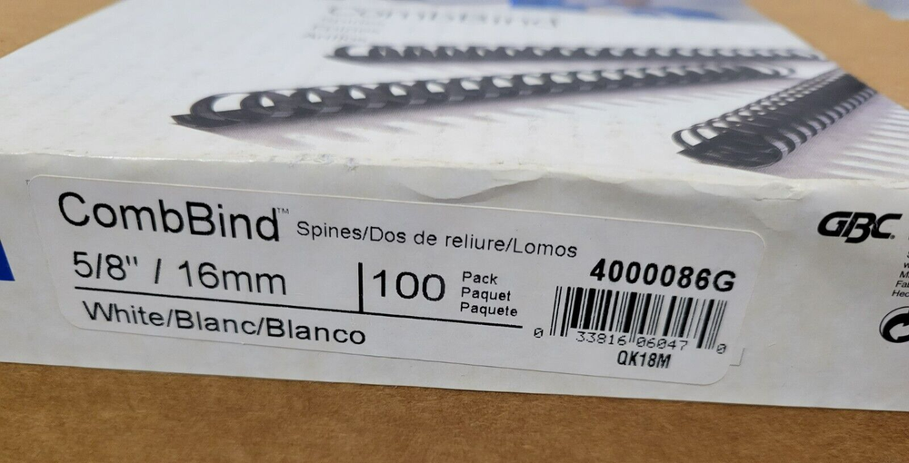GBC CombBind Plastic Presentation Document Binding Spines - 5/8" White - 100 Pcs