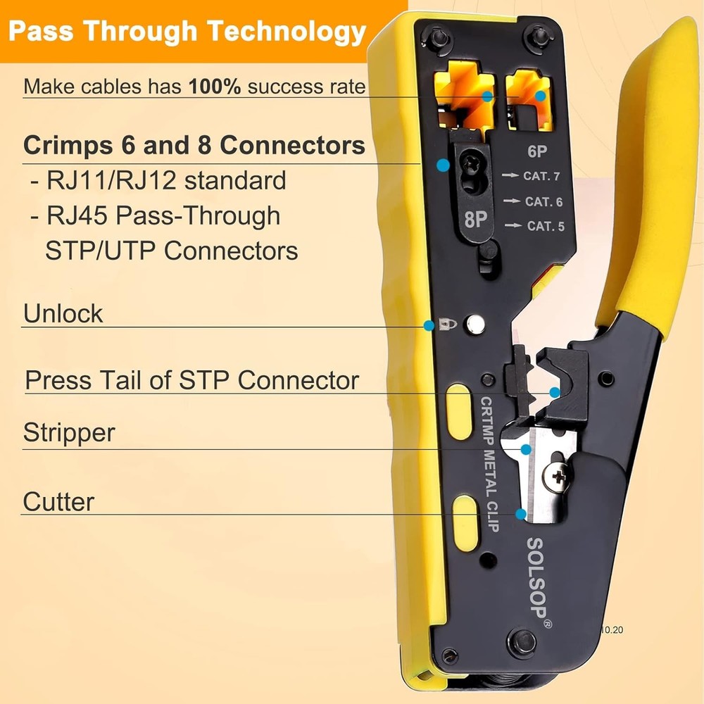 Solsop Pass Through RJ45 Crimp Tool Kit with Tester