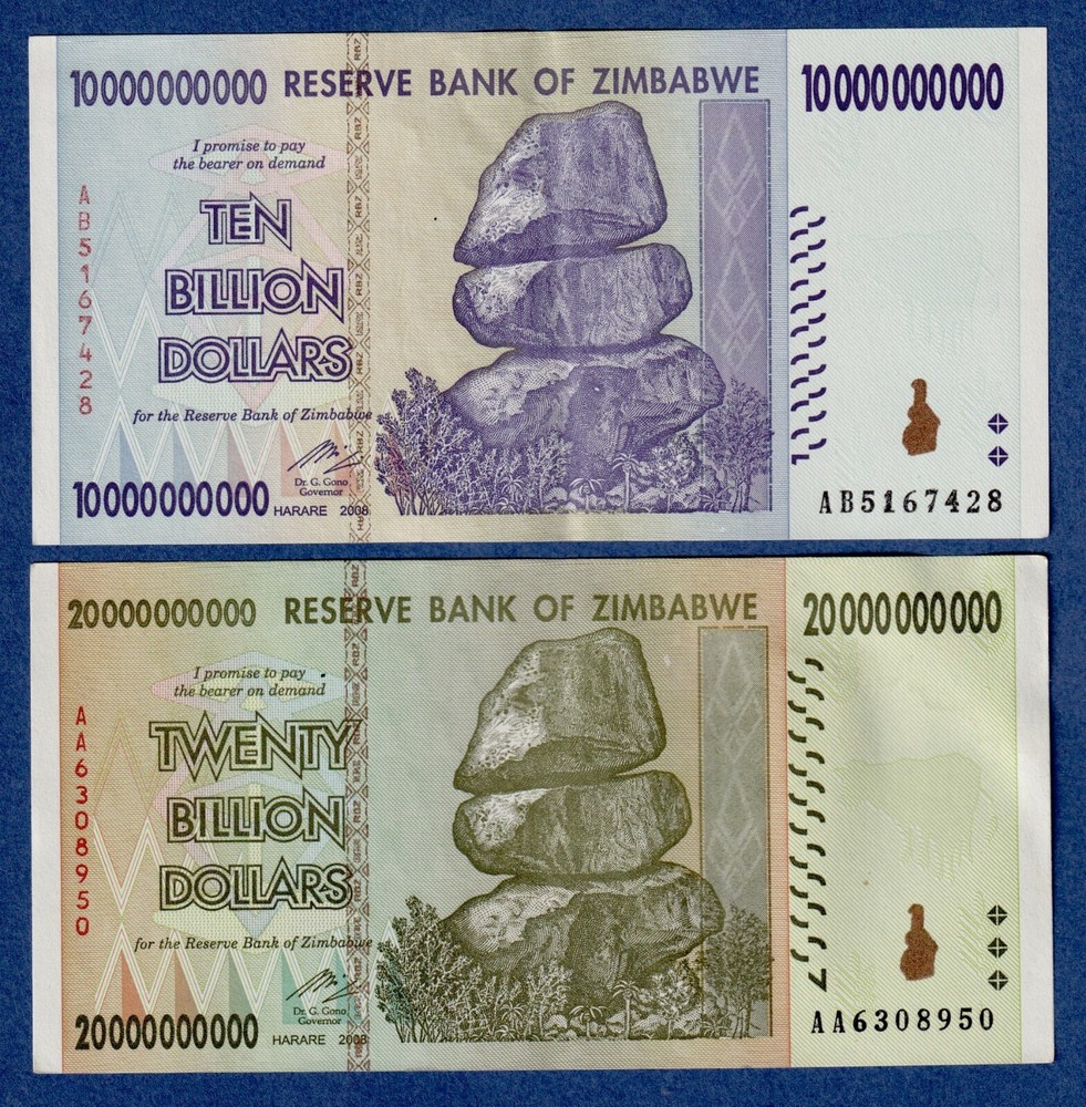 ZIMBABWE BILLION SET- 10 & 20 BILLION DOLLARS, 2008,   VF-EF BANK NOTES