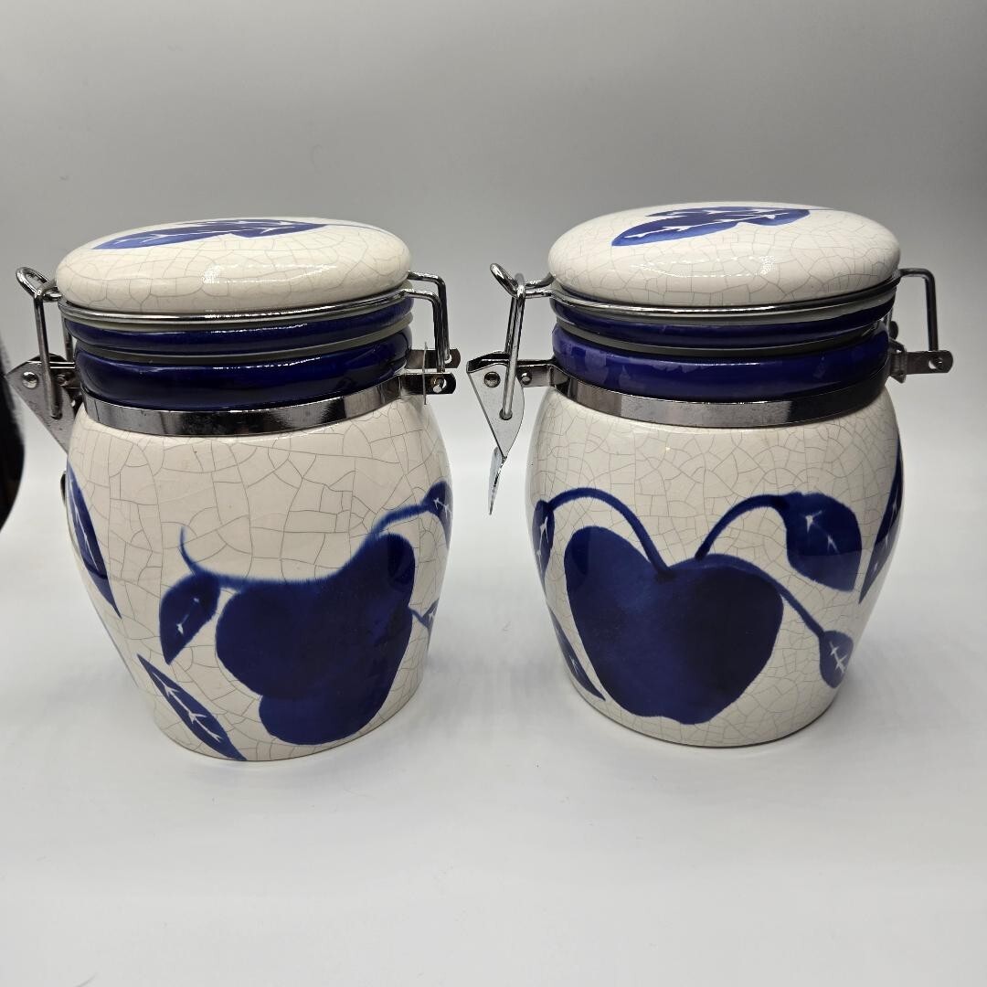 Vintage 80's Delph Blue/White Handpainted Glazed Crackle Canisters w/ Hinged Lid
