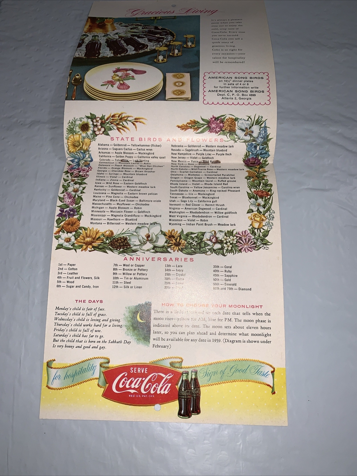 Original 1959 Coca Cola Calendar of American Birds 7 x 12” by ATHOS MENABONIL