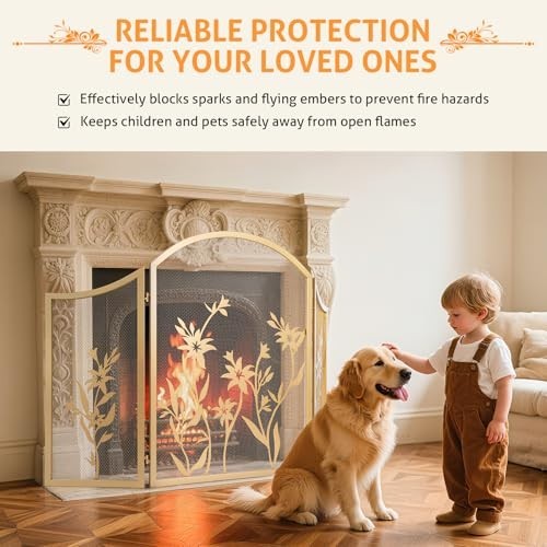 3-Panel Folding Fireplace Screen, 48.4"x25.6", Lily Pattern, Baby Safe Spark Gua