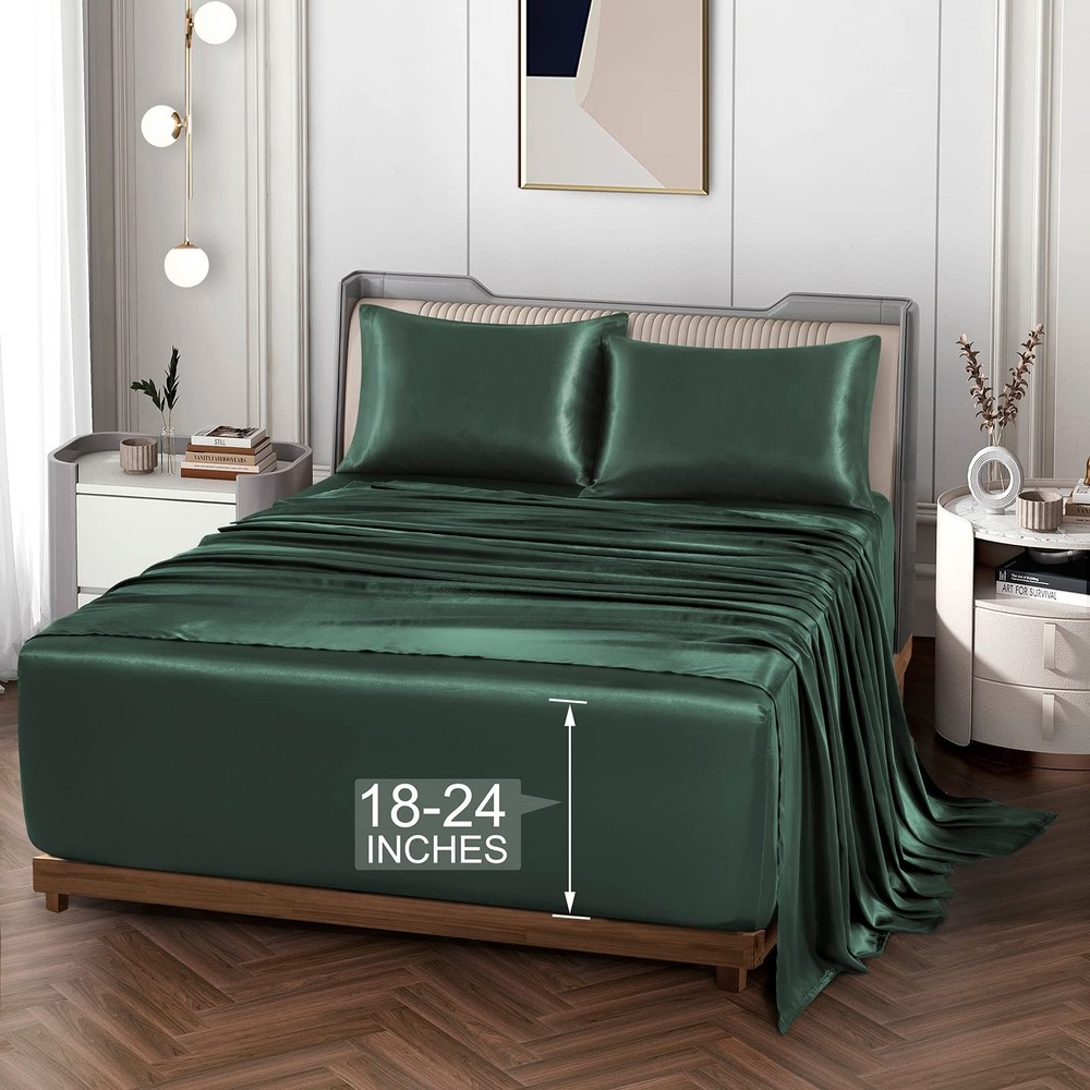 Vonty Queen Satin Sheets - Extra Deep Pocket, 4pc Set, Forest Green