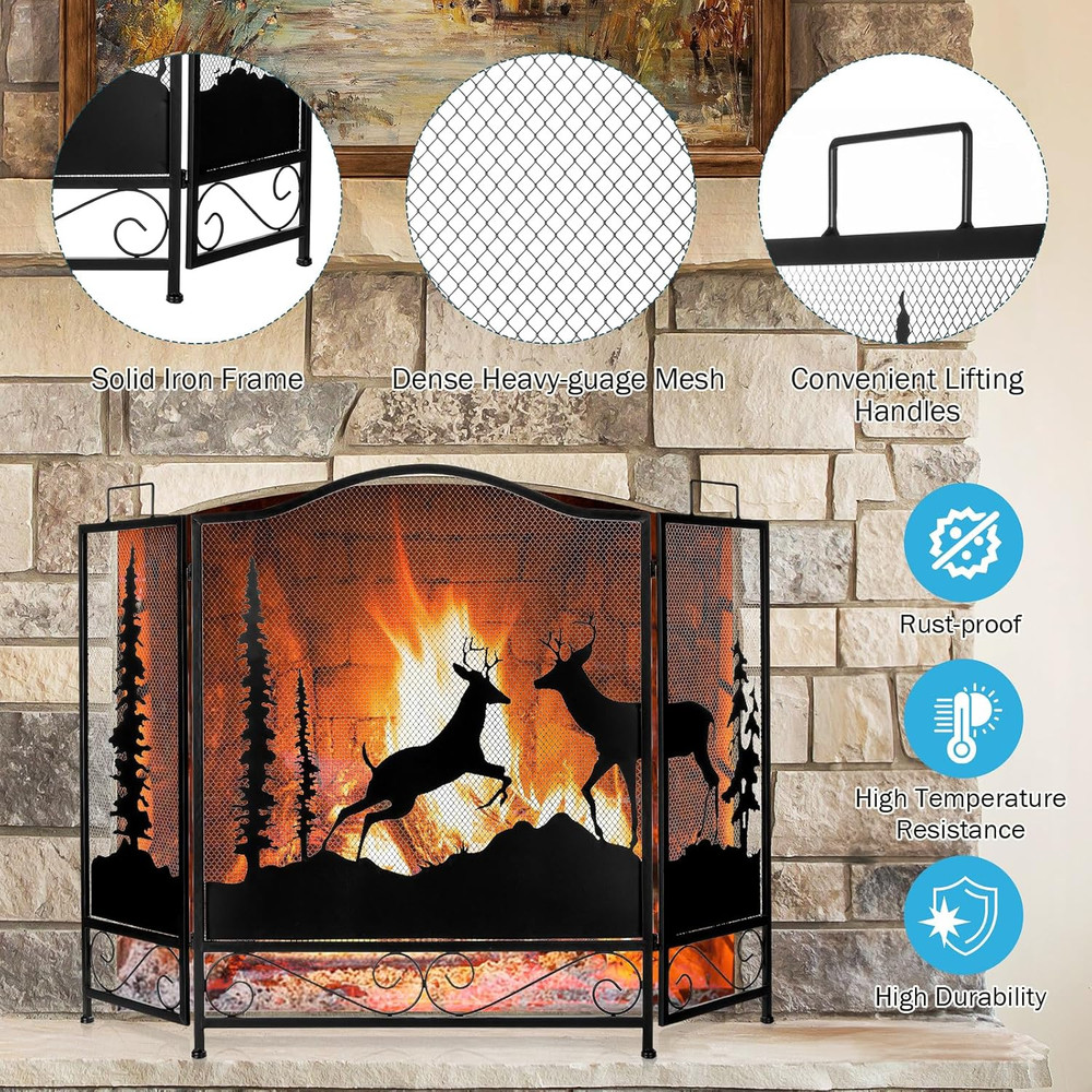 3 Panel Fireplace Screen with Deer Pattern, 47.6” X 30.7” Large Folding Fireplac
