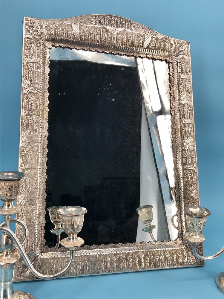 Middle Eastern,carved set Candlestick & Sheet Mirror 84 SOLID Silver 2800 grams