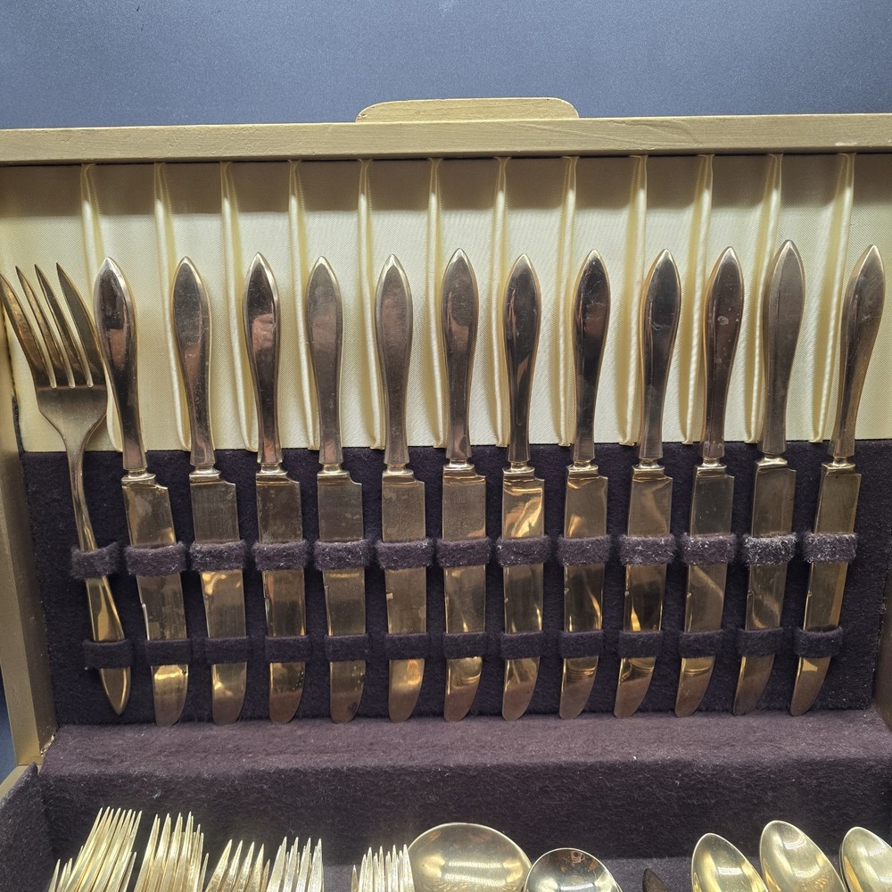 Dirilyte Regal Flatware Gold Dinnerware 93 Piece Vintage With Case Paperwork