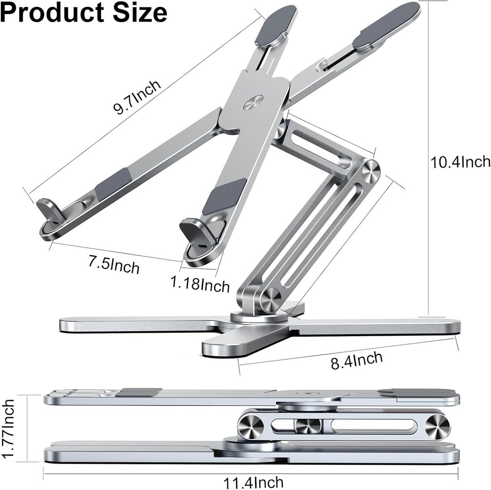 Adjustable Laptop Stand with 360 Rotating Base, Aluminum Riser Silver