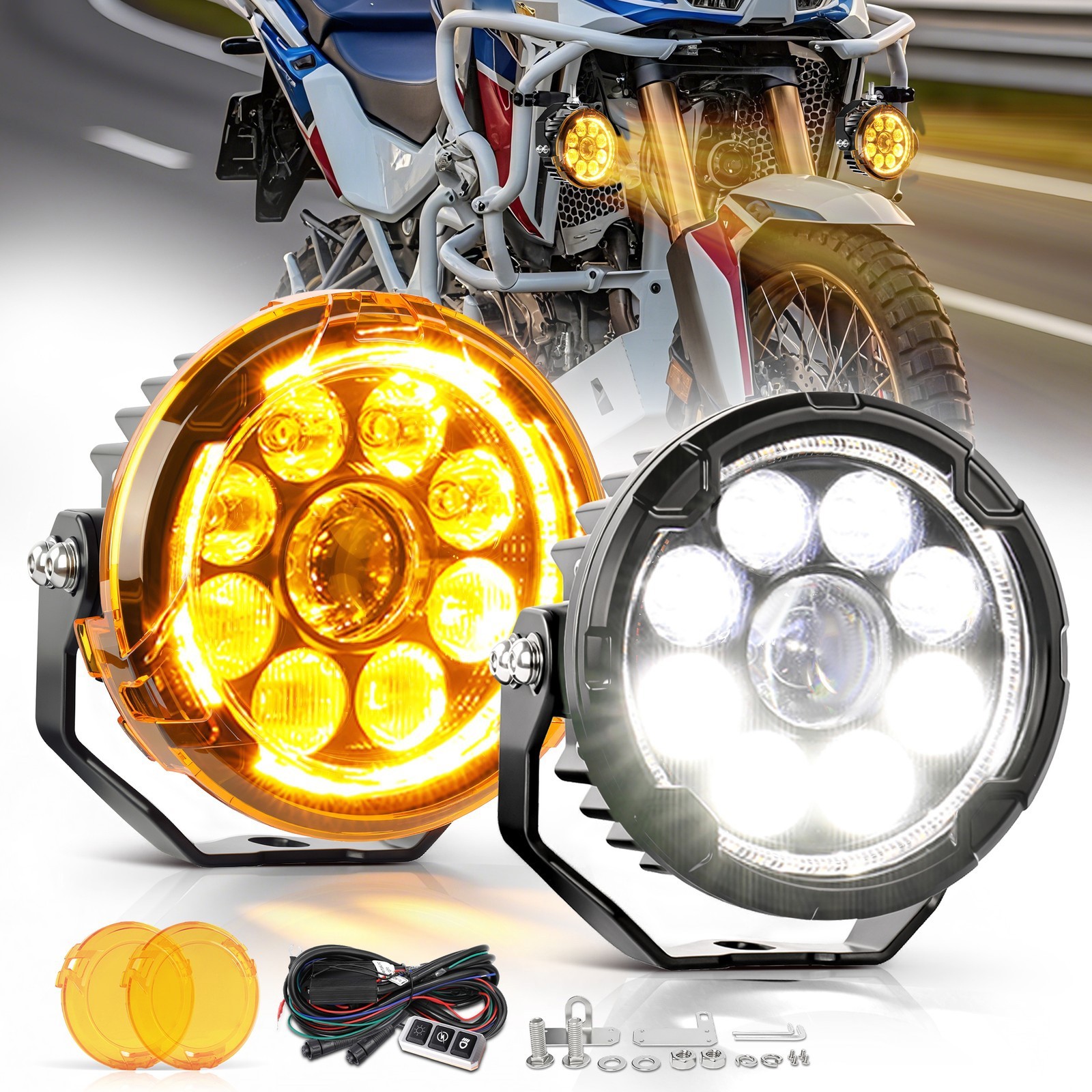 2x 140W LED Motorcycle Driving Fog Spot Light Auxiliary Lamp White+Amber w/Wire