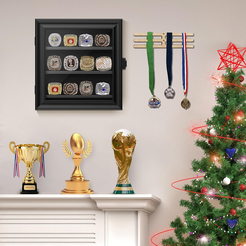 Championship Ring Display Case, 12 Posts 12 Posts-Rectangle, Black