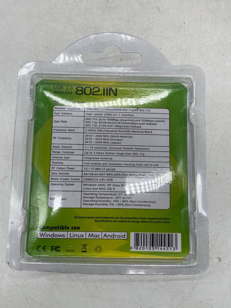 QR COMPUTERS USB 2.0 WIRELESS WIFI ADAPTER 802.IIN MAC/WINDOWS/LINUX/ANDROID