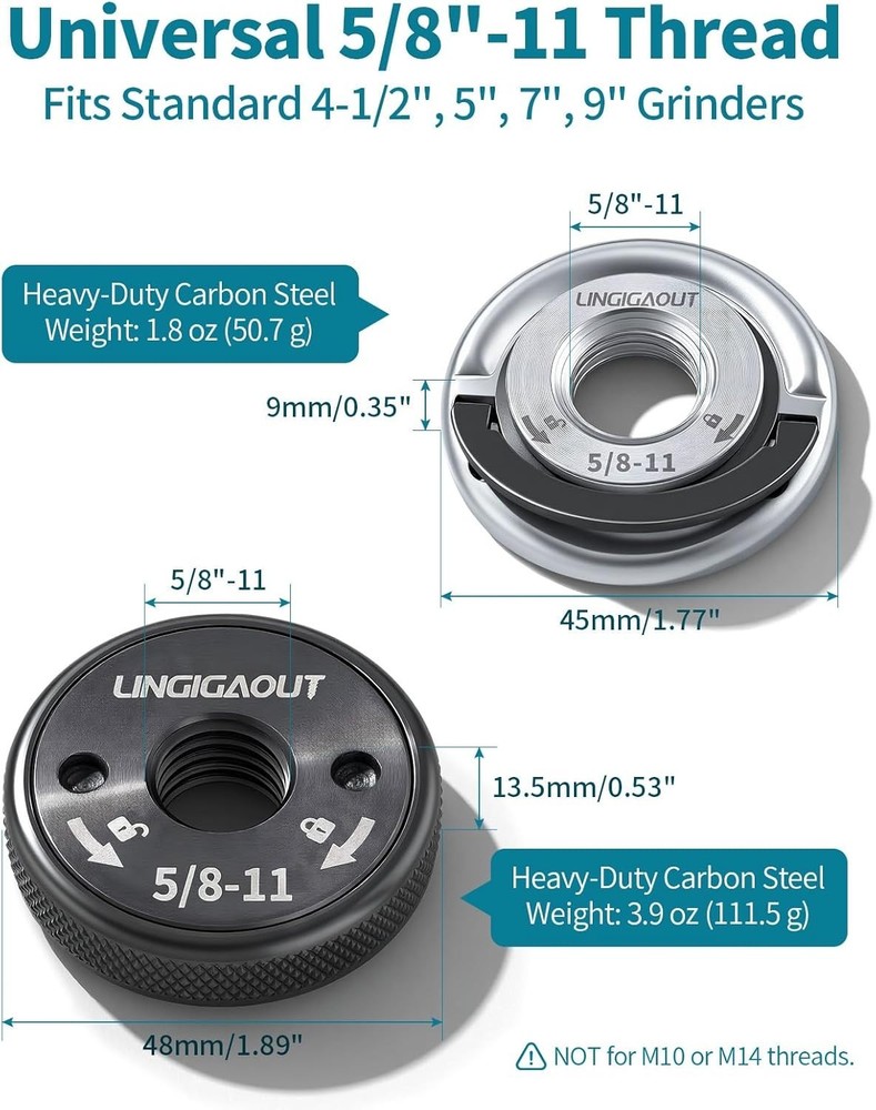 5/8"-11 Angle Grinder Flange Nuts 2-Pack, Tool-Free Quick Release Locking Kit...