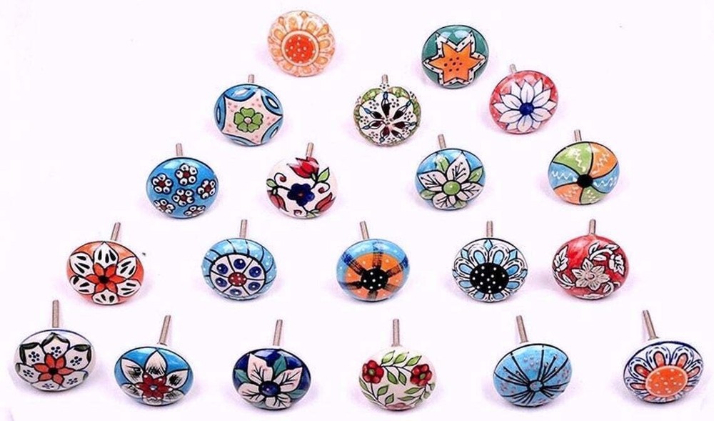 Indian 20 Pc Cabinet Hand Painted Colorful Ceramic Door Knobs Pull Handles