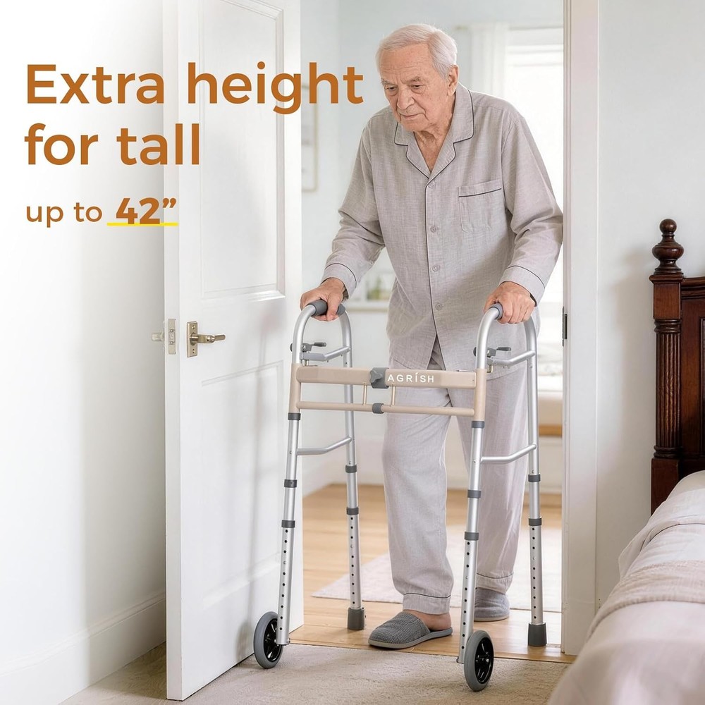 Lightweight Folding Walker Narrow Frame Adjustable Height Width 350lb