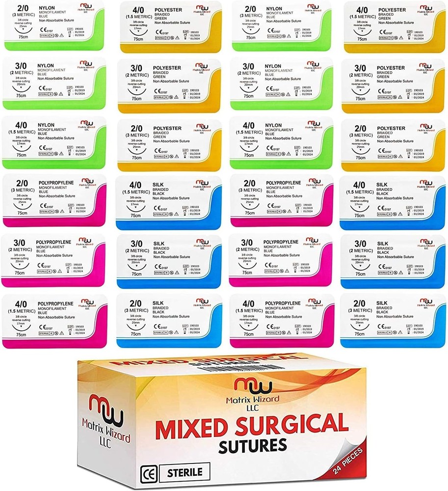 Sutures Thread with Needle (24 Mixed 2/0, 3/0, 4/0) - Practicing Suturing; Taxid