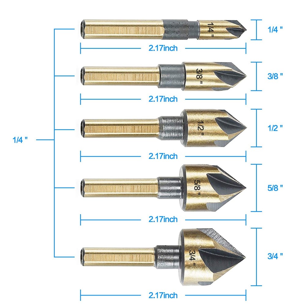 Countersink Drill Bit Set, 5 Pieces 5 Piece Gold