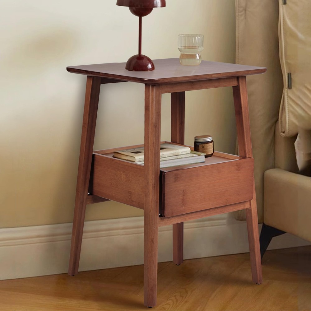 Fluted Nightstand with Drawer – Tall Solid Bamboo Bedside Table with Open She...