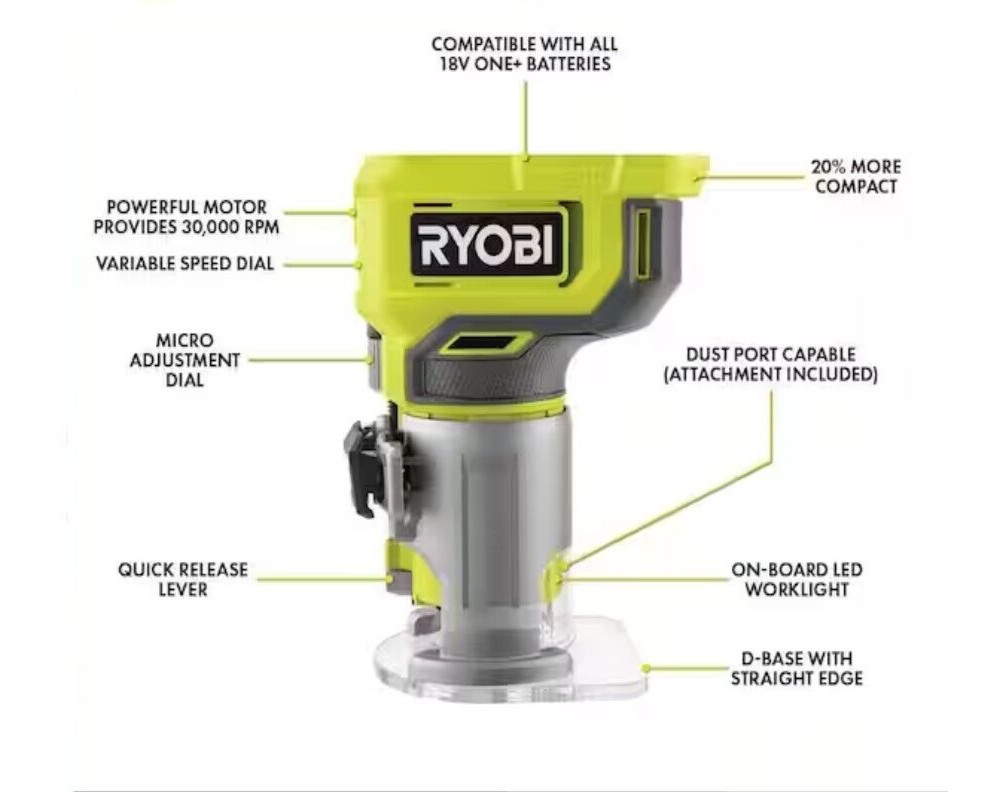 New Ryobi PCL424B ONE+ 18V Cordless Compact Fixed Base Router (Tool Only)
