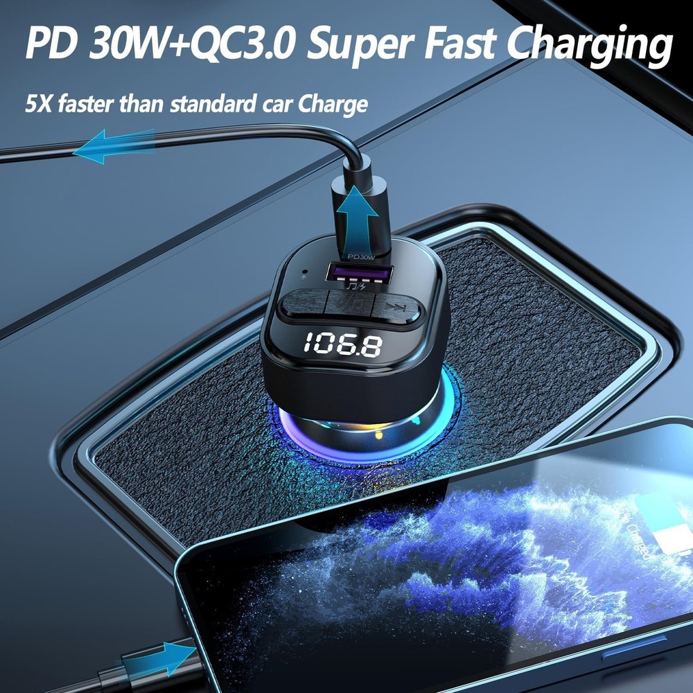 Advanced Bluetooth FM Transmitter with Fast Charging and LED Light - Car Adapter