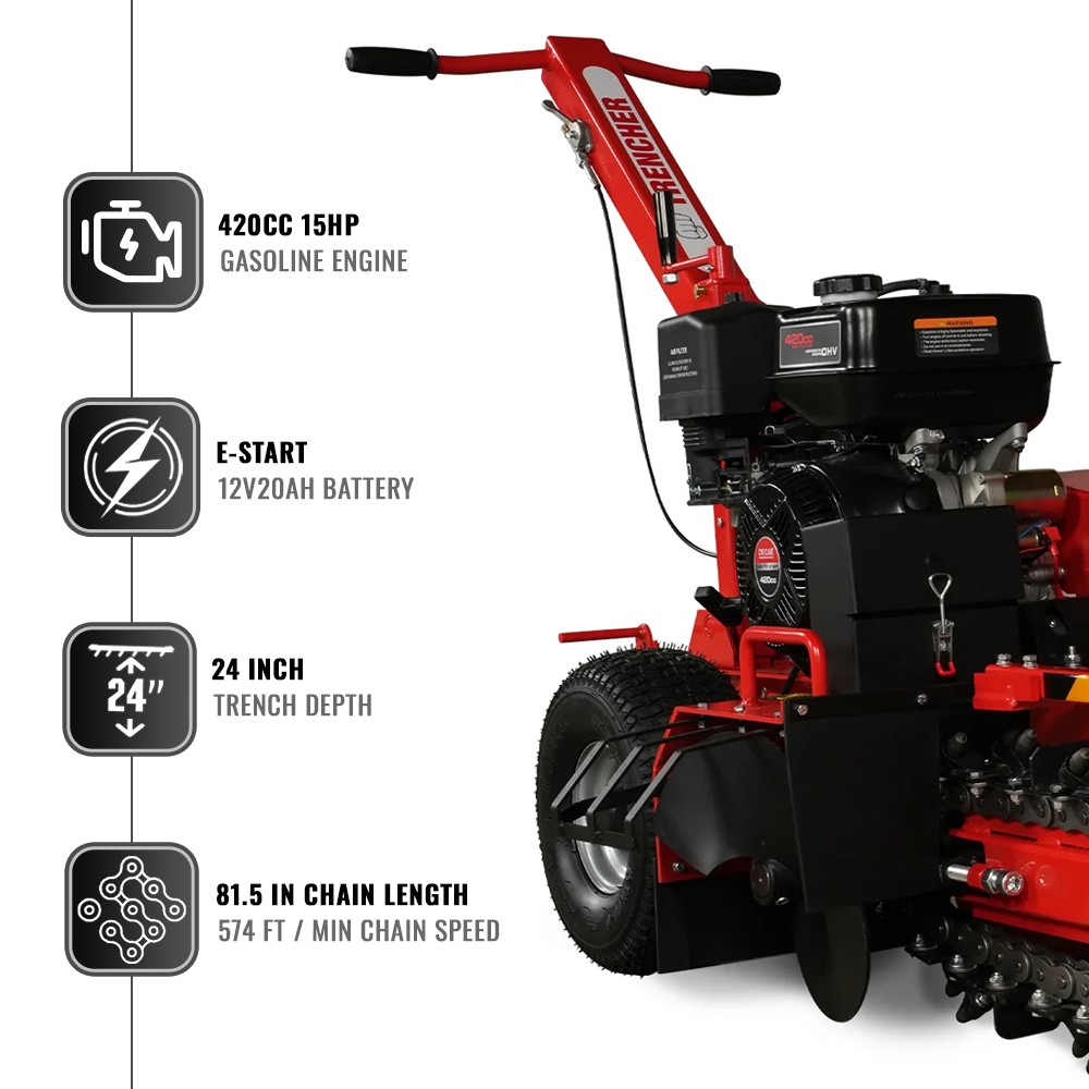420cc 15HP E-Start Trencher 24'' Trench Depth/4'' Trench Width, TCR1500