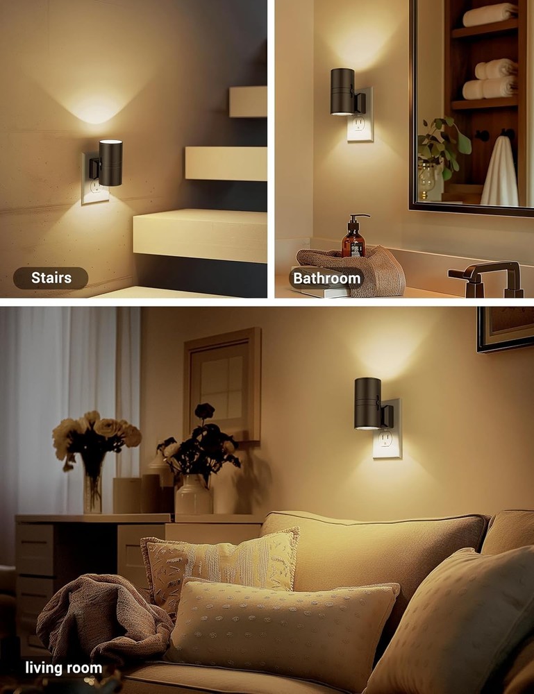 Night Lights Plug into Wall, Dimmable Light 2 Pack, Warm - Black Shade