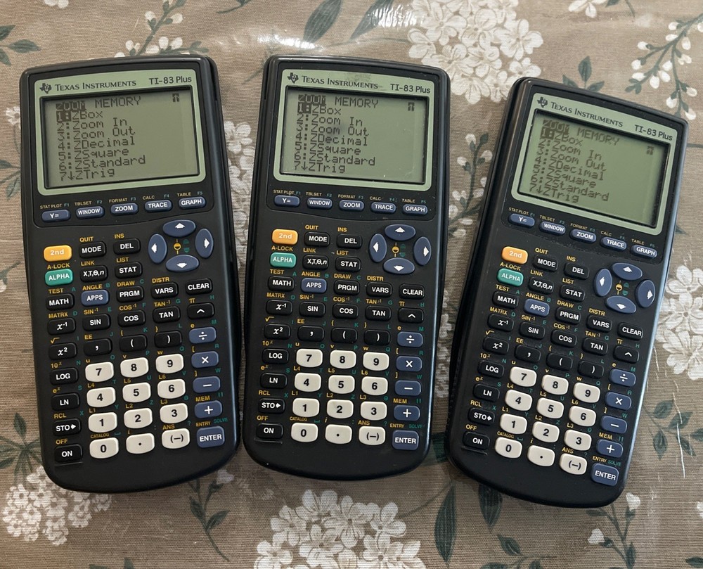 3 Texas Instruments TI-83 Plus Graphing Calculators Tested Working with Covers.