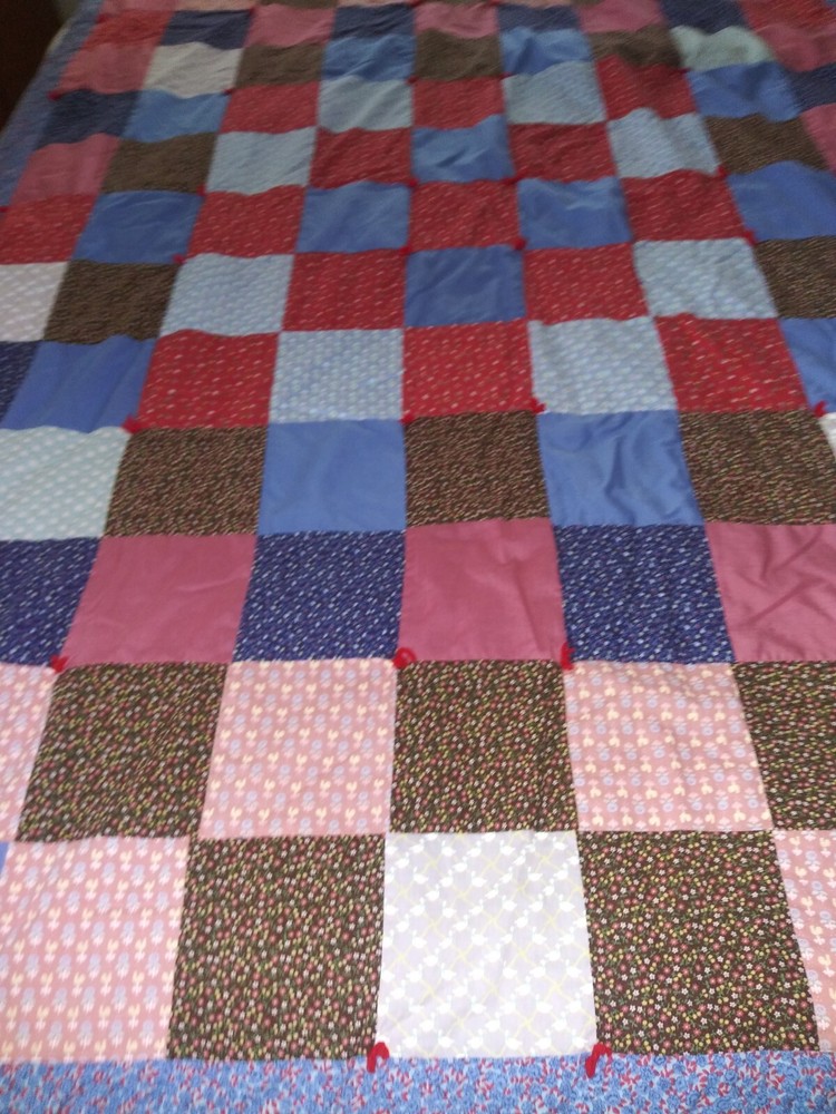 Handmade Tied Light Patchwork Quilt Floral & Solid Squares 74" X 52"