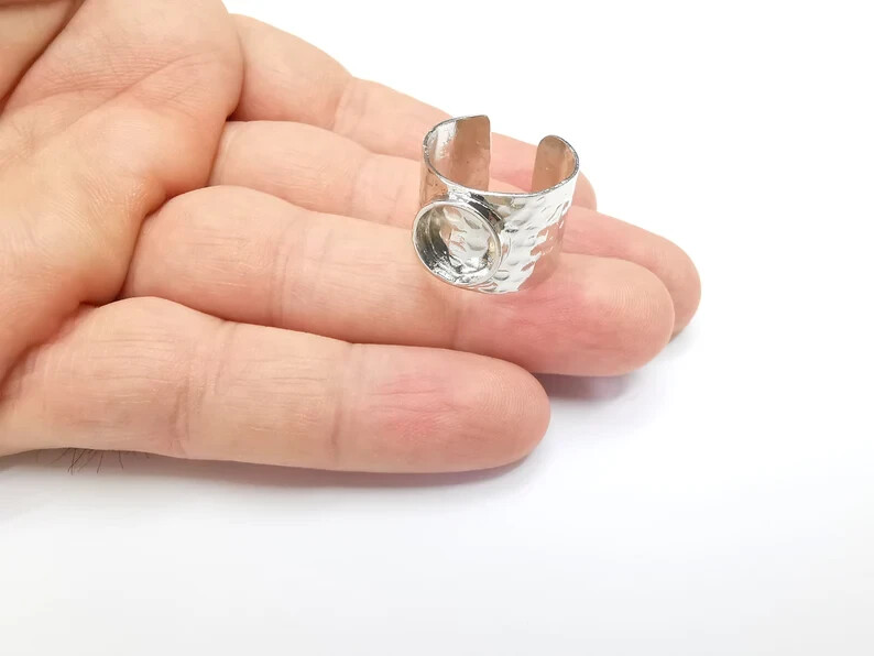 Shiny Silver Ring Setting Bezel Resin Base Cabochon Blank Adjustable Ring G35652