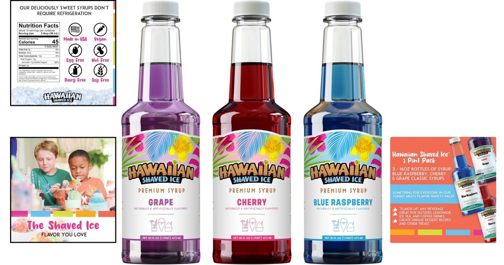 3-Pack Shaved Ice Syrup: Cherry, Grape & Blue Raspberry, No Refrigeration Needed