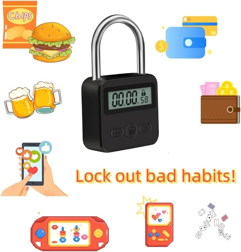Metal Timer Lock-Electronic Time Padlock with LCD Display-USB Rechargeable(Black