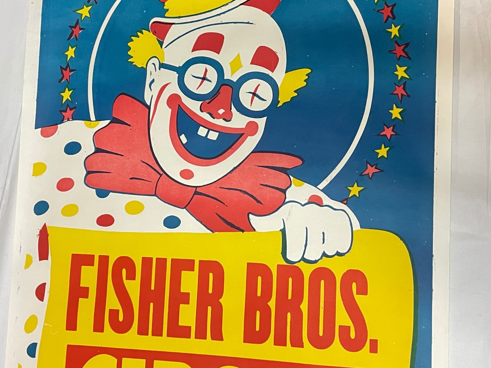 28" x 42" Original Vtg Fisher Bros Circus Poster Clown With Glasses Arkansas #3